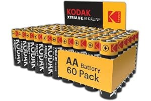 Kodak Xtralife 60-Pack AA Batteries, Double A Alkaline Battery Pack, 1.5V, 10-Year Shelf Life, LR6, Ideal for High-Drain Devices, 12x More Power, Plastic Free Cardboard Outer Carton