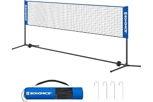 SONGMICS Red de Bádminton de 4 m, Red de Voleibol con Postes Ajustables en Altura, Red Portátil para Tenis Juvenil, Voleibol de Playa, para Jardín, Parque al Aire Libre, Azul SYQ400