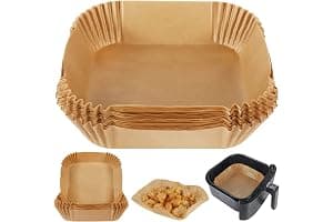 BYKITCHEN Air Fryer Parchment Paper Liner, 50PCS Square Air Fryer Liners Disposable, Greaseproof Paper, Compatible with COSORI, Ninja, Tefal, Russell Hobbs Fryers (Unbleached)