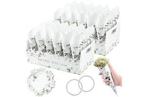 KALBIGRO 60 Piezas Conos Arroz Boda, Cono Papel Kraft Boda con 2 Caja Soporte Cucuruchos de Papel para Bodas, Conos de Confeti Boda para Decoración Boda Fiesta Ceremonia, Hojas
