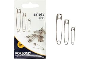 Korbond Silver Safety Pins - 50 Pieces; Professional Grade, Sharp Point, Heavy Duty, Nickel – Crafting, Sewing, Pinning, Fabrics, Saree, Sari; 3 Sizes: Small 20x27mm, Medium 20x38mm, Large 10x45mm