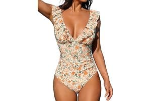 CUPSHE Bañador para Mujer Volante Cuello en V Fruncido Traje de Baño de Una Pieza