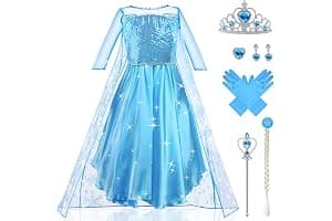 URAQT Vestidos Princesa, Disfraz de Princesa Niña con Accesorios, Traje Princesas Niñas con Capa de Copos de Nieve Brillantes, Disfraz de Halloween para Niña de Cosplay, Cumpleaños, Carnaval