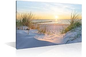 TISHIRON Wall Art Sandy Beach Sunrise Pictures Painting on Canvas Wall Art Modern Framed Seaside Canvas Prints Ready To Hang(24X16in)