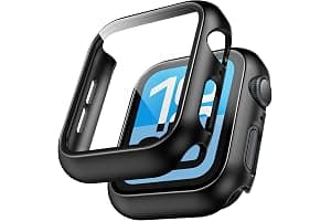 TAURI 2 Pack Hard Case for Apple Watch SE 3 /Series 6/5/4 /SE 44mm with 9H Tempered Glass Screen Protector, [Touch Sensitive] [Full Coverage] Slim Bumper Protective Cover for iWatch 44mm - Black