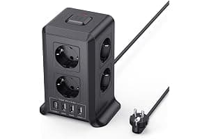 Torre Regletas Enchufes, Regleta USB 8 Tomas de AC y 4 USB Enchufe Multiple, 2500W/10A,Regleta Enchufes Proteccion Sobretension, 2M Regreltas Vertical con Interruptor para Mesa, Oficia, Casa, Negro
