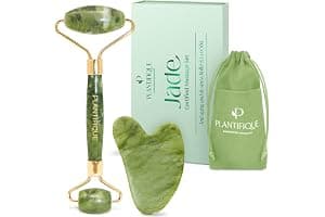 PLANTIFIQUE Gua Sha y Rodillo Facial de Jade - Masajeador Facial Antiarrugas para Tonificar la Piel - Face Roller - Rodillo Masaje y Guasha de Piedra Jade Auténtico
