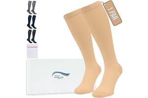 360 Relief Medias de Compresión Mujer y Hombre - 1 Par Calcetines de Compresión para Deportes, Correr, Volar, Viaje, Trabajo, Footing - S/M Beis con Bolsa de Malla