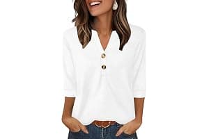 Aokosor Womens 3/4 Sleeve Tops Ladies Blouse V Neck Tunic Long Sleeve T Shirts Curved Hem Office Wear