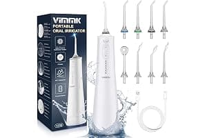 Irrigador Bucal Portatil, Vimmk Irrigador Dental Inalámbrico Profesional 8 Boquillas 5 Modos, IPX7 Impermeable 300ML USB-C Recargable Para Limpieza Dientes, Para el Hogar y los Viajes (Blanco)