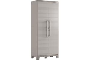 Keter Armario Gulliver Escobero|Almacenaje Interior y Exterior|Resina|Resistente al Agua, 2 Puertas y 8 Baldas Regulables en Altura|Beige/Arena|80 x 44 x 182 cm
