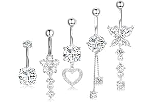 hautllaif 5pcs Belly Button Bars Sterling Silver,Belly Bar 14G Navel Bars,Dangly Belly Button Piercing Jewellery