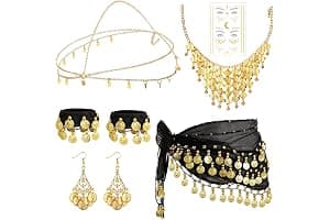 MLPKOI 8 Sets Cinturón de Danza del Vientre, Pañuelo Danza del Vientre Mujer, Pañuelo de Cadera para Espectáculo y Fiesta, con Monedas De Oro Pendientes Collar Pulseras y tocados, Carnaval Disfraces