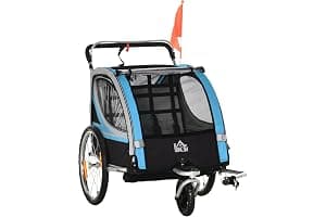 HOMCOM Remolque de Bicicleta para Niños y Cochecito, Diseño 2 en 1 con Freno, Cinturón de 5 Puntos, Carro Remolque para Bicicleta con Bolsillos Laterales, Reflectores y Banderín