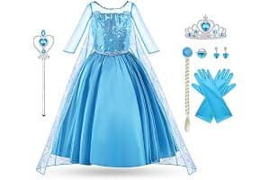 Vicloon Disfraz de Elsa para niña,vestido Elsa para niños, juego con corona de varita mágica, Halloween, Navidad, cumpleaños, fiesta, disfraz, disfraz de niña, azul