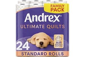Andrex Ultimate Quilts Toilet Tissue 24 Standard Toilet Rolls, Air Pocket Technology for Soft, Thick Sheets (Previously Andrex Supreme Quilts Toilet Paper) - 24 Quilted Toilet Rolls x 1 Bulk Pack
