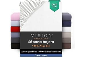 VISION Sábana Ajustable - 100% algodón - Cama Doble (150 x 200 cm) - Esquinas elásticas - Se Adapta a colchones de hasta 30 cm - Certificación Oeko-Tex - Lavable a máquina - Color: Blanco