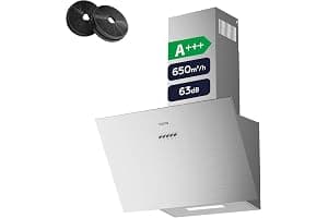 CIARRA CBCS6762A Angled Cooker Hood 60cm with CBCF003 Carbon Filters 650m³/h Head-Free Chimney Vent Hood with LED Lights Ducting&Recirculating Kitchen Extractor Fan