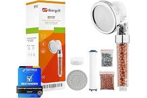 Ibergrif Alcachofa de Ducha de Alta Presión con Filtro Iónico, Cabezal de Ducha Antical con 3 Modos de Chorro, Ahorro de Agua, Mango de Ducha Portátil y Desmontable para Baño-M22025