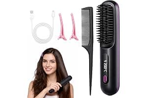 Cepillo Alisador Pelo Inalambrica, Escova Alisadora de Cabelo Iónico, Peine Alisador de Cabello Electrico Portátil, Recarga USB, con Pantalla LCD, 3 Modos Ajustable, 160-200°C, Mini Plancha Pelo