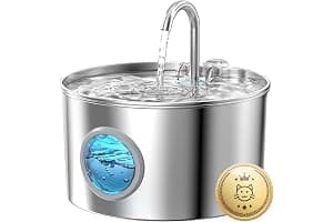 Fuente para Gatos Acero Inoxidable: Bebedero Gatos Automatico - 2.2L Fuente Gato Silencioso - Fuentes de Agua para Gato con 1 Filtro + 1 Esponja - Dispensador Agua Perros con Ventana Panorámica