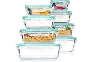 Vtopmart Set de 8 Unidades Recipientes de Cristal para Alimentos, Recipientes de Vidrio Hermeticos con Tapa, Reutilizables, Apilables, Apto Lavavajillas y Microondas,Libre de BPA