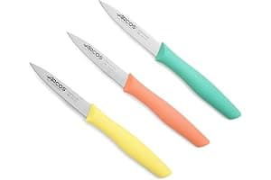 Arcos Set Cuchillos Mondadores. 3 Piezas Acero Inoxidable. Cuchillos Cocina Peladores Multicolor para Pelar Frutas y Verduras. Mango Ergonómico Polipropileno. Serie Nova. Naranja, Amarillo y Azul.