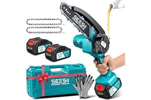 SEESII 6'' Mini Motosierra Bateria 2x4000mAh, Motosierra Eléctrica Bateria 900W con Depósito Para El Aceite y Cadena Reemplazable, Motosierra Inalámbrica Portátil para Podar Árboles de Jardinería