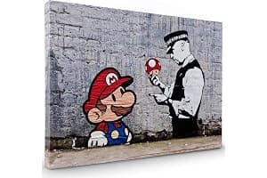 Whats On Your Wall.com Canvas Print | Banksy Mario | Grey and Red | Abstract Wall Art | Living Room, Bedroom, Kitchen, Bathroom