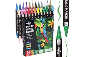 STATIONERY ISLAND Permanent Acrylic Paint Pens 24 Colours – Dual Tip Markers for Rock, Pumpkin, Stone, Glass, Ceramic, Wood & Fabric – Fine & Brush Tip Water Based Paint Pens for Halloween Crafts