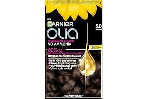 Garnier Olia 5.0 Brown, oil-powered, no-ammonia. 100% grey coverage. Luminous, long-lasting, vibrant brown hair color with exceptional shine and a healthy, nourished feel.