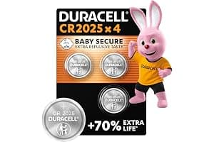 DURACELL 2025 Lithium Coin Batteries 3V (4 Pack) - Up to 70% Extra Life - Baby Secure Technology - For Use in Key Fobs, Fitness Watches and 3D Glasses - Baby Secure Packaging