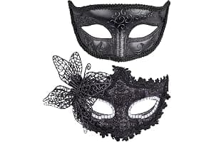 SIQUK 2 Piezas Máscara Veneciana Mujer Hombre Máscaras de Encaje Máscara para Veneciano Mascarada Fiesta de Baile, Negro