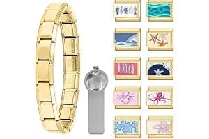 Vesavifaka Pulsera Italiana de Encantos Conjunto de Brazalete Dorado con 1 Pulsera Inicial, 10 Encantos Italianos Temáticos del Océano con Herramienta de Apertura, 9 mm Encantos Italianos Modulares,