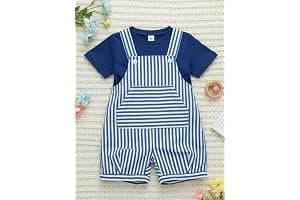 Mameluco de 2 piezas para niños pequeños con bolsillo a rayas con camiseta, color azul