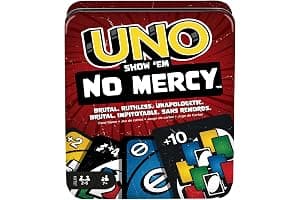 Mattel Games UNO No Mercy, Juego de Cartas con Cartas adicionales, Reglas Especiales y penalizaciones más despiadadas, Juego de Mesa Familiar, para niños y niñas +7 años, HXT57, Caja de Metal