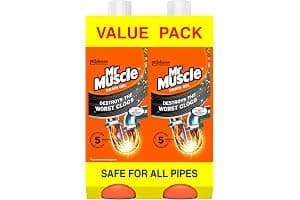 Mr Muscle Drain Unblocker Liquid (2 x 1L), Sink & Drain Cleaner, Strong & Fast Acting Heavy Duty Gel Formula, Dissolves Clogs, Works 3x Better Than Bleach, Safe for All Pipes