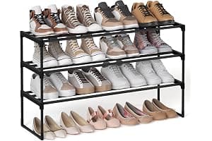 SONGMICS 3-Tier Shoe Rack, Shoe Storage Organiser, Metal Storage Rack, Upright or Upside Down, Fits 16 to 20 Pairs, Stackable, for Hallway, 30 x 92 x 55 cm, Black LSA303B02