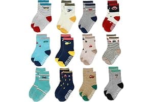Yafane 12 Pares de Calcetines Antideslizantes para Niños Niñas Recien Nacido Unisex Pequeños Algodón Lindo con Puños Calcetines Antideslizantes para Bebés