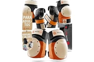 SKATEWIZ Protecciones Patines Adulto, Rodilleras Skate - Protecciones Patines de Hielo - Kit Protección Skate - Rodilleras y Coderas Adulto - Shield Talla L Naranja