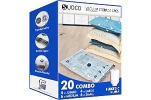 SUOCO Bolsas al Vacío Ropa, Juego de 20 Bolsas (4J + 4L + 6M + 6S) con Bomba Eléctrica, Bolsas de Almacenaje al Vacío para Ropa y Edredones, Viaje y Hogar, Resistente y Reutilizable