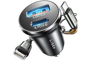 LISEN Cargador Coche Carga Rápida Mechero USB C 69W+60W Cable, Accesorios Coche Camper Electrónicos Flash del Dia, Carregador Isqueiro Carro 12/24V Gadgets para iPhone 17 e 16 Samsung S26 Kindle iPad