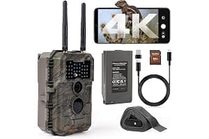 GardePro E6 2.0 Pro Camara Fototrampeo 4K WiFi, Batería de 7800 mAh y Tarjeta SD de 64 GB, Alcance Wi-Fi de 50 Metros, 64MP Cámara Caza, IP66 Cámara Fototrampeo con Envío al Móvil