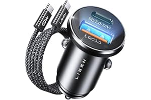 LISEN Car Phone Charger USB C 54W 12V USB Socket [USBC 36W+QC18W] With 60W USB C Cable Car Charger Fast Charge Cigarette Lighter USB Charger Car Accessories for Men for iPhone 17 Pro Max Samsung S25