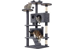 Yaheetech Árbol Rascador para Gatos 139cm con 3 Plataformas 2 Nidos 2 Pompones Torre de Escalador con Postes en Sisal Ideal para 3-4 Gatos Gris Oscuro