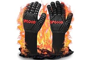 SPGOOD Guantes Barbacoa Guantes Horno Altas temperaturas Largos, BBQ Guantes Resistentes al Calor hasta 800℃ para Cocina, Parrilla, Hornear, Microondas, Chimenea Negro（L/XXL）
