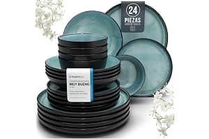 Juego de Vajilla de Steingut Ibiza para 6 Personas - 24 Piezas, Set de Vajilla para Lavavajillas y Microondas - Moderno Juego de Platos - Servicio de Pure Living en azul humo
