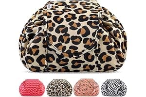 Lazy Drawstring Makeup Bags, Large Capacity Waterproof Travel Portable Cosmetic Bag Pouch Makeup Pouch Storage Organiser for Women Girl (Yellow Leopard)