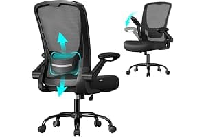 SONGMICS Silla de Oficina, Silla de Escritorio de Malla, Silla Giratoria Ergonómica, Soporte Lumbar, Oscilante, Asiento de 53 cm, Apoyabrazos Abatibles, Negro OBN037BKV2