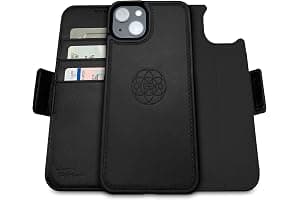 dreem 3-in-1 Wallet Case for iPhone 14/16e/17e | Built-In Kick-Stand, Magnetic Detachable Vegan Leather Flip Cover with RFID Blocking Card Holder, MagSafe Compatible, Gift Box [Fibonacci: Black]